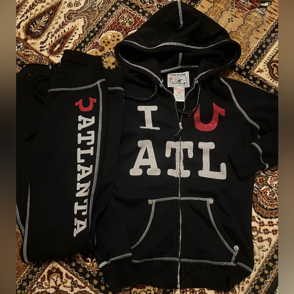 True Religion Black Hoodie with Red and White Sequin Accents Sz Small